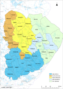 Visualisointi Itä-Suomen kuntien jakautumisesta eri toimijoiden välillä. Tiedot esiteltynä sivulla myös tekstimuodossa.